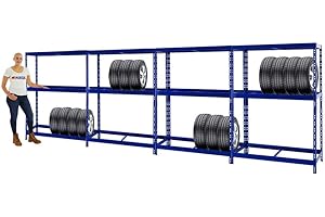 PROREGAL Mega Deal 4X Étagère à pneus Tiger | HxLxP 180x130x50cm | Jusqu'à 48 pneus | avec Tablette | Bleu | Porte-Pneu, Rack à pneus, rayonnage, Stockage, Rangement, Support, Atelier, Garage