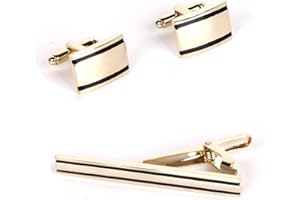 RUIMOU 1Set Cufflinks & Tie Clip Brass Plated Square Classic Stripes (Silver/Gold) With Velvet Pouch for Dress, Gift, Shirt Decoration