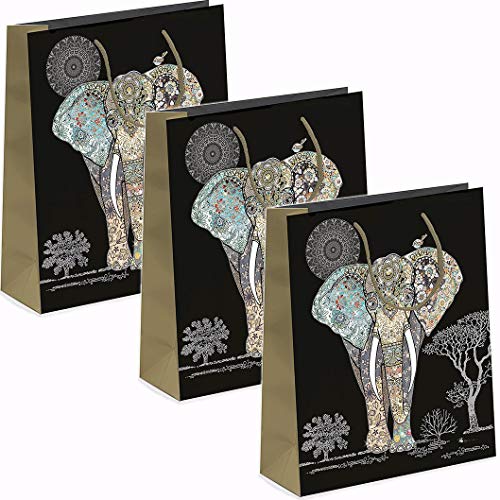 Beautiful Art Collection Elephant Gift Bags, Gold Foil Embossed, Pack of 3, Plus + Free Tissue Paper (15x14.5x11.5 Sm)