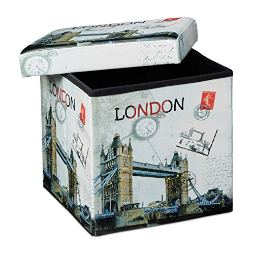 Relaxdays Faltbarer Sitzhocker 38 cm stabiler Sitzwürfel mit trendigen Motiven als praktische Fußablage als Sitzwürfel mit bedrucktem Kunstleder als Aufbewahrungsbox mit Stauraum und Deckel, London - 3