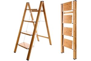 BAOYOUNI Escabeau pliable à 4 marches portable en aluminium léger avec pédales larges antidérapantes Capacité de 150 kg pour la maison, la cuisine, le jardin, le bureau – Blanc + couleur grain de bois