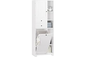 SoBuy Mueble Baño con Cesto para Ropa Sucia Armario Baño Columna Estrecho Alto Mueble Auxiliar con 6 Estantes y 2 CajonesBlanco 60x37x171 cm BZR104-W