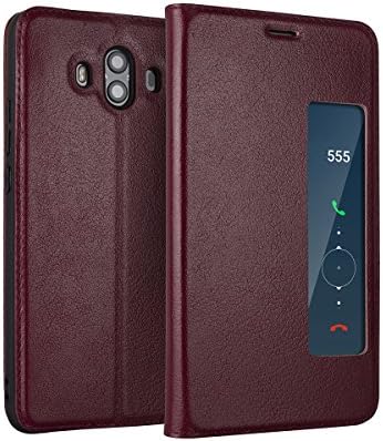 ERLI Huawei Mate 10 Case, Cowhide [GENUINE LEATHER] + Ultraslim Flip Cover Case [Dual Smart Window View] + Magnetic Closure (Red)