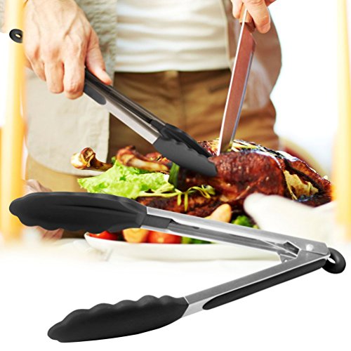 grillzange mit integriertem Standfuß – küchenzange aus hochwertigem edelstahl und lebensmittelqualität silikon – servierzange für sauberes Ablegen beim Kochen – rutchfest & hitzebeständig universal zange mit intelligenten sicherungsclip – Das Beste küchenhelfer zum kochen, servieren, Grill, Buffet, salat, Eis, Ofen (2er Set/ 23cm&30,5cm) - 6