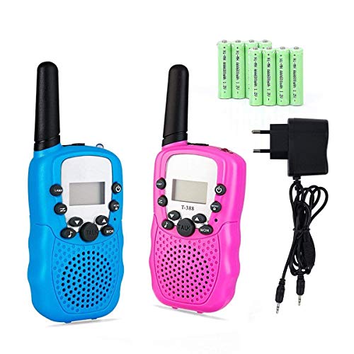 Lomoo Walkie Talkie Recargable, Radio Bidireccional con Rango de Larga Distancia Interphone de 8 Canales para Comunicación en el Hogar/Festival (1 Par, Azul y Rosa)
