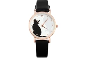 Hemobllo Zegarek damski - słodkie zegarki z kotem dla kobiet, z paskiem ze skóry PU, luźny damski zegarek na rękę na małe nadgarstki, czarny, 21X3.4CM, Pasek