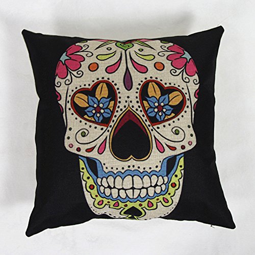 Luxbon 3er Set Totenkopf Schädel Leinen Kissenbezug Kissenhülle Sofakissen Pillowcase Haus Auto Deko 18 x 18 “ Schwarz - 2