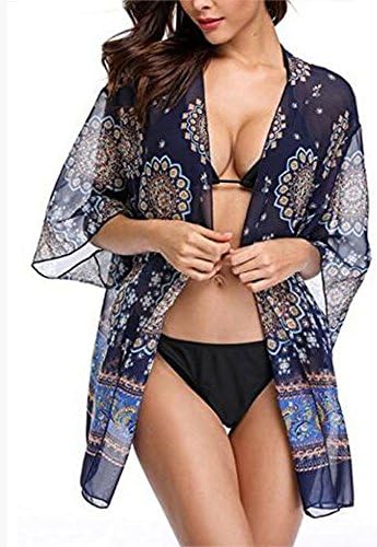 Beach Cover Up,Floral Printed Women Swimwear Beachwear Swimsuit Beach Dress,Blue Loose Bohemian Chiffon Kimono Cardigan Bikini Covers Up,Blue