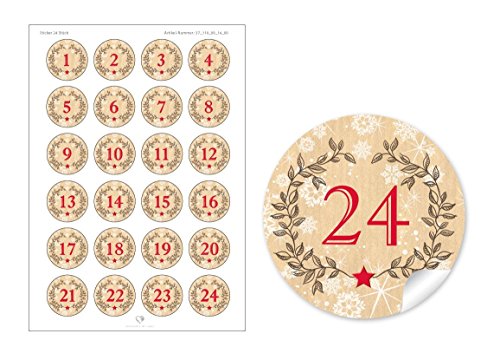 Download Lot de 2 planches de 24 pièces : 2 x 24 chiffres calendrier de l'Avent en NATUR avec couronne de Noël et chiffres 1-24 en papier vintage rétro pour un calendrier de l'Avent pour un calendrier de l'Avent ou des sacs en papier  Autocollants de Noël auto-adhésifs de Noël autocollants de Noël (format 4 cm, ronds, mat)