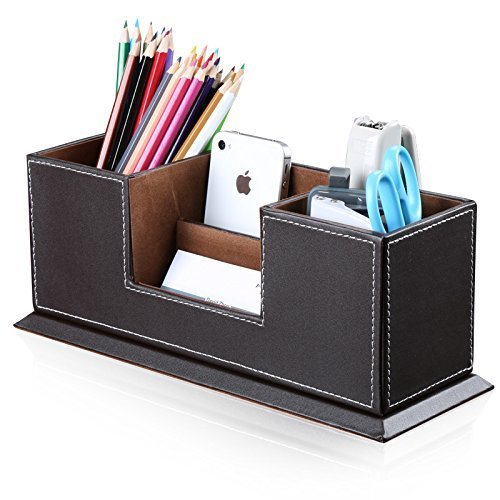 KINGFOM Desktop Organizer Tidy Multifunctional Desk Stationery Storage Double Pen Pencil Holder Office Desk Supplies Organiser Brown