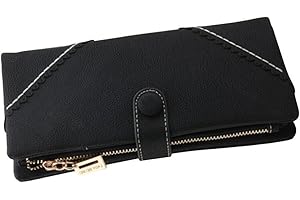 Bcony Moda Mujer Gran Capacidad Cartera/Monedero/Billetera/Bolso de la señora/de Cuero Larga con el botón y Construido en el Bolsillo de la Moneda,Negro