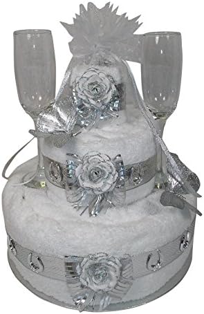 Three Tier Silver 25th Wedding Anniversary Gift Towel Cake