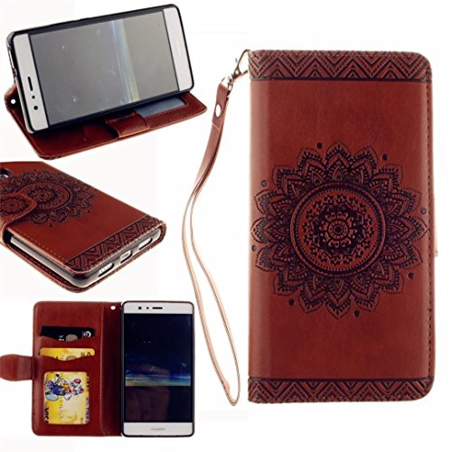 Huawei P9 Plus Hülle, MUTOUREN Schutzhülle für Huawei P9 Plus Handyhülle Brieftasche Gürtelhändytasche Bookstyle Wallet Flip Case Lederhülle mit Standfunktion Kartenfach Magnetic lock Ultra dünn Wallet Case Geprägtes Muster Henna Indische Sonne Mandala Rraun + Stylus Pen - 2