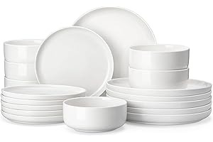 MALACASA Geschirrset 6 Personen, LUNA 18-tlg Tafelservice aus Weißem Porzellan, Modernes Geschirr Set mit je 6 Speiseteller, Dessertteller und Müslischalen