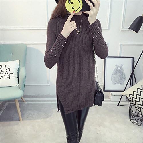 Autumn and Winter Women 'S Long Section Solid Color Beaded Clothing Half-High Collar Wild Knit Primer Shirt,Coffee,All code
