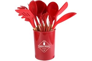 FUYTERY 11 Utensilios de cocina de silicona para cocina Juego de cucharas y palas de acero inoxidable resistente al calor (Rojo)
