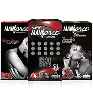 Manforce Extra Dotted LITCHI & STRAWBERY & CHOCOLATE Flavoured Condom Set Of 3 , ( 30 PS)