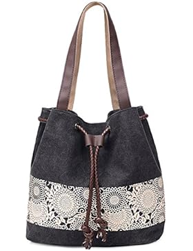 Vox Vintage Damen Schultertasche Henkeltasche Shopper Handtasche Canvas Umhängetasche Shopper mit Kordelzug