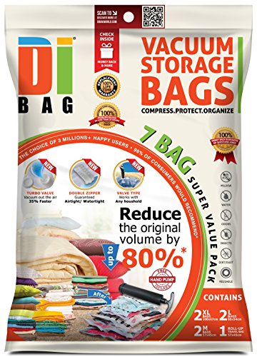 DIBAG ® 7er Set - VaKuum komprimierte Speicherung platzsparend Beutel . 2x medium 57x45 cm, 2x Large 85x54 cm, 2x Extra Large 100x67 cm, 1x Reise Roll-Up Bag (ohne Absaugung/ohne Ventil) 57x45 cm .für Kleidung, Bettdecken, Bettwäsche, Kissen, Vorhänge und vieles mehr.