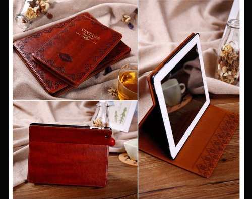 Vandot 3in1 Muster Pattern PU Leder Smart Case Hülle für iPad mini 3, iPad mini 2 (Retina Display) / iPad mini Luxus Flip Painted Druck Tasche Folio mit Ständer Stander Halter Magnetic Button Shell Schutz Bag Etui + Glitzer Krone Crown Anti Staub Schutz + Bling Metall Stift Pen – Retro Vintage Braun Business Blume Floral - 4