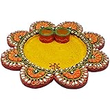 Style n Crafts Wooden & Paper Mache Flower Shape Pooja thali with Kundan Work
