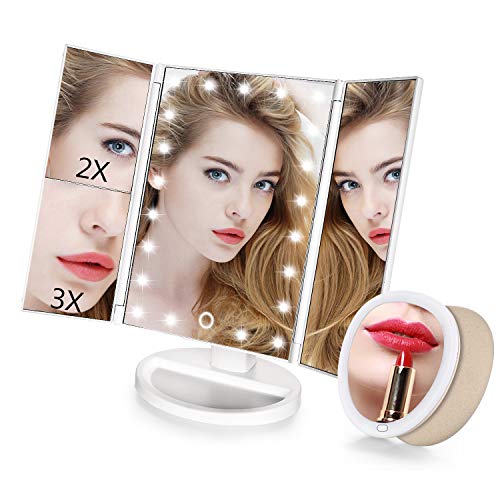 HOSDEY Espejo Maquillaje con Luz Led Espejo Tríptico Profesional y de Mano Aumentos 1X,2X,3X Espejo de Bolsillo Ajustable 180° Cosméticos Carga con USB o Batería Regalo