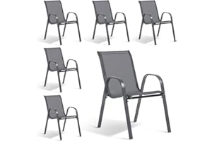 TERRE JARDIN Pack x6 Sillas de Jardín Apilables con Reposabrazos - Sillas de Terraza Exterior en Acero y Textilene - Sillas de Comedor para Patio, Balcón