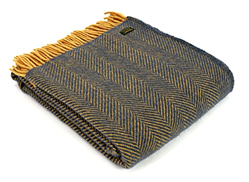 Herringbone pure new wool blanket throw rug - Navy/Mustard BRITISH MADE