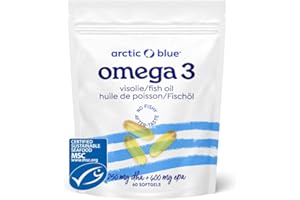 ‎ARCTIC BLUE Arctic Blue Premium Fischöl Kapseln – 60 Stück - 1200 mg mit 400 mg EPA & 250 mg DHA - hochdosiert, MSC-zertifiziert - Reines Alaska Seelachsöl in Triglycerid-Form - niedriger Oxidationswert