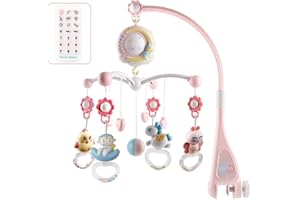 AUVEACH Giostrina Culla Neonati con Telecomando Musicale Proiettore Stelle Sonaglio Girevole a 360° Giostrina Lettino Multifunzione (Rosa)