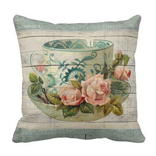Vintage Tea Cup with Roses Shabby Chic Pillow Cover Accent Decorative Pillow Sham for Sofa 18x18"