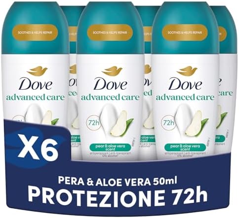 Dove, Deodorante Roll On Advanced Care Pera e Aloe, Deodorante Antitraspirante, Formula Delicata Con Tripla Azione Idratante, Protezione Fino a 48 Ore, Deodorante Uomo e Donna, 6 Pezzi da 50 ml