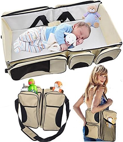 Baby 3 in 1 Portable Bassinet, HK Pure Heart Diaper Bag and Change Station with Fitted Sheet (Cream)