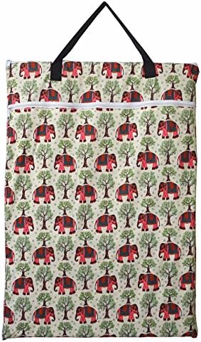 Large Hanging Wet/Dry Cloth Diaper Pail Bag for Reusable Diapers or Laundry (Red Elephant)