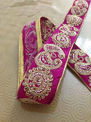 Fancy Gold Sequin Lace Trim Bridal Wedding Ribbon Craft Sari Border 4cm x 1Yard (MAGENTA)