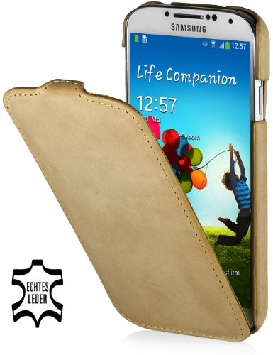 détail StilGut UltraSlim, housse Samsung Galaxy S4 en cuir. Etui de protection Galaxy S4 à ouverture verticale et fermeture clipsée en cuir véritable, Old Style beige