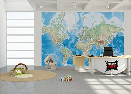 Fototapete Weltkarte Wandbild Dekoration Miller Projection im plastischen Relieffdesign Erde Atlas Weltkugel Landkarte Geographie Foto-Tapete Wandtapete Fotoposter Wanddeko by GREAT ART (336 x 238 cm) - 6