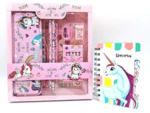 Unicorn Gift Stationary Set for Kids Girls Boys - Unicorn Diary with Pencil case, Two Pencil, Eraser, Scale, Sharpener and Crayon Stationery Gift Set for Kids - for Birthday Party Return Gift(Pink)
