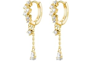 TOEECY Kolczyki ze srebra próby 925, cyrkonia, wiszące, z łańcuszkiem, złocone, wiszące, kolczyki kreole, minimalistyczne kolczyki dla kobiet i dziewcząt, prezent