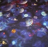 Tessuto al metro, motivo universo e pianeti, colore: blu, in cotone, stampa digitale