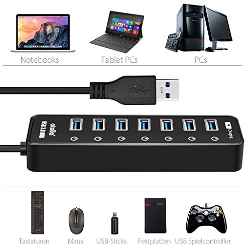 Atolla USB 3.0 Hub 7 port Multi USB Splitter Netzteil mit Schalter und 5V/3A 15W Power Supply Adapter -Schwarz - 2