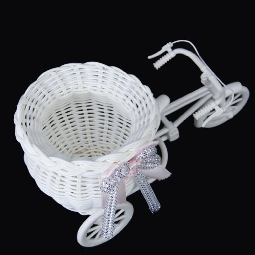 Handmade Rattan Blumen Dreirad Fahrradkorb Körbe für Blumenvase Lagerung Dekoration (weiß Rosa) - 9