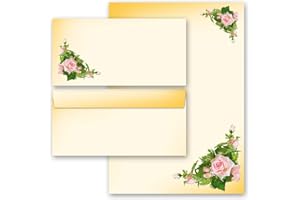 PAPER-MEDIA Stationery-Sets Birthday, Pink Roses 50 Sheets of Stationery Paper + 50 Matching envelopes DIN Long windowless