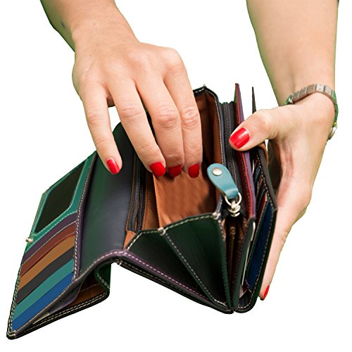 Ladies Luxury High Quality Soft Black (Multi Coloured Inside) Real Nappa Leather RFID blocking Long Multi Fall Purse Multi Credit Card Wallet with 2 Inner Zip Compartments
