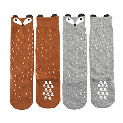 Shorven Baby Kids Cotton Socks Knee High Long Socks 2 Packs Grey&Brown Fox (2 pairs) M (3-4 Years)