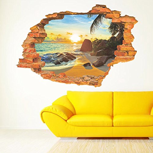 UNIQUEBELLA Wandsticker Sonnenstrand 3D Wandtattoo Wandaufkleber Fensterbilder Wall Art Sticker Decal - 3