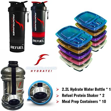 FrontRunner Fitness Next Gen Refuel Kit | 1* 2.2L Hydrate Water Bottle | 2* Protein Refuel Shakers | 10 * 3 Portion Water Proof Meal Containers | Use Include Nutrition Management; Food and Supplement Storage, Secure and Fresh Meal Prep, Mixing Protein and Powders, RDA Water Intake | Specifically Designed to Assist with Fitness and Dietary Goals