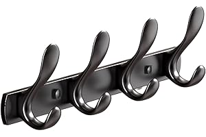 YUET 4 Door Hook Coat Bathroom Towel Hooks Wall Mounted Screw Fixed - Heavy Duty Hanger - Stainless Steel Robe Rack Holder in Bedroom or Kitchen Wall Mount (Black)
