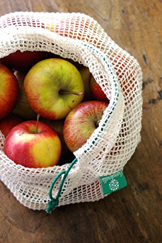 Wiederverwendbare Obst- und Gemüsebeutel aus Bio-Baumwolle mit Kordelzug – Einkaufsnetz / Lebensmittelbeutel im 2er Set grün (L,M) - 3