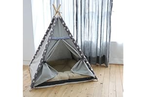 Lily&her friends -Haustier-Tipi,Baumwoll-Leinen-Zelt für Hunde (Welpen) und Katzen,waschbares,Wigwam,tragbare Hundezelte,Haustierhäuser von indischem Design mit dickem Kissen (grau,kleine Sterne,groß)